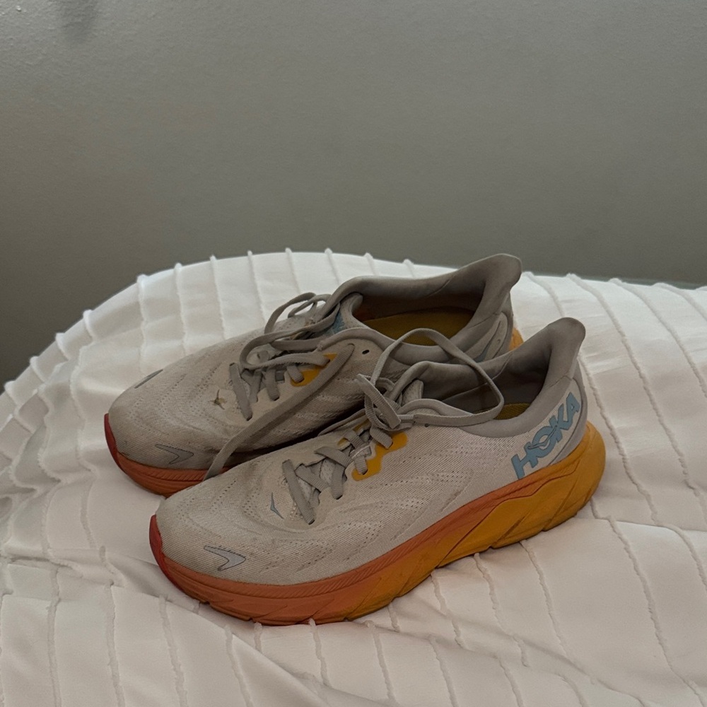 Hoka Light Gray and Orange Athletic Shoes